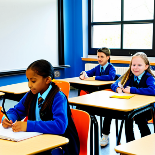 Home 11 A diverse group of elementary school children, fully clothed in modest, appropriate school attire, engaged in various learning activities within a bright, modern, flexible learning classroom. Some children are collaborating on an interactive digital whiteboard, while others are working individually on tablets in small, colorful learning pods. Movable, ergonomic furniture is arranged to facilitate both group and individual study. The room is filled with natural light from large windows, showcasing a clean, inspiring educational environment. safe for work, appropriate content, fully clothed, professional, perfect anatomy, correct proportions, natural pose, well-formed hands, proper finger count, natural body proportions, high-quality professional photography.