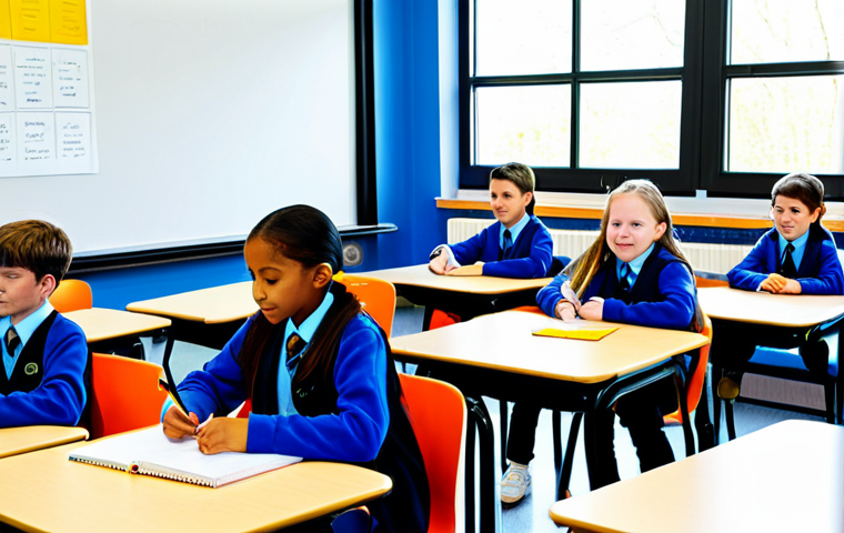 A diverse group of elementary school children, fully clothed in modest, appropriate school attire, engaged in various learning activities within a bright, modern, flexible learning classroom. Some children are collaborating on an interactive digital whiteboard, while others are working individually on tablets in small, colorful learning pods. Movable, ergonomic furniture is arranged to facilitate both group and individual study. The room is filled with natural light from large windows, showcasing a clean, inspiring educational environment. safe for work, appropriate content, fully clothed, professional, perfect anatomy, correct proportions, natural pose, well-formed hands, proper finger count, natural body proportions, high-quality professional photography.