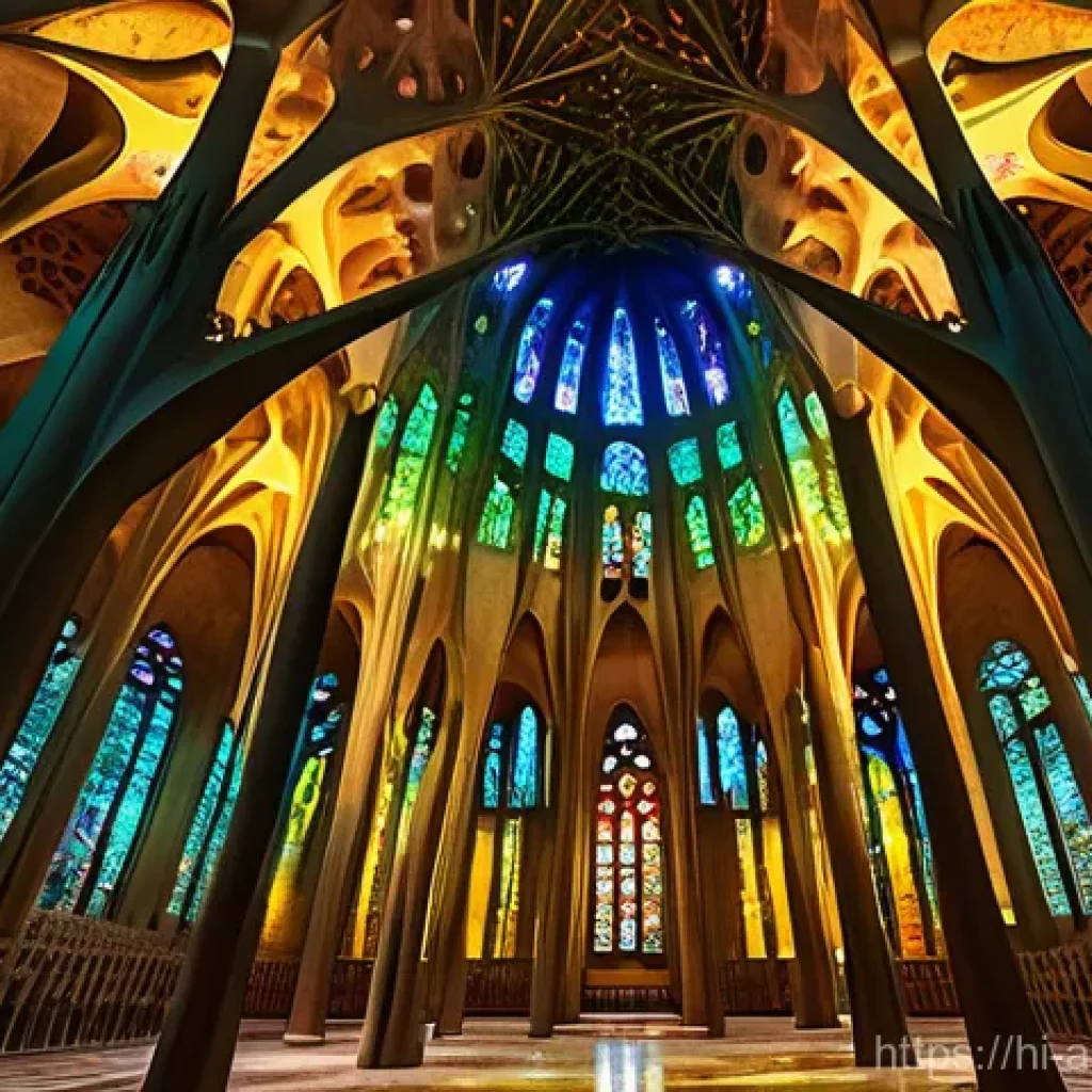 가우디 건축 작품 탐방 - **A majestic interior view of the Sagrada Familia, bathed in ethereal light.** Towering, tree-like c...