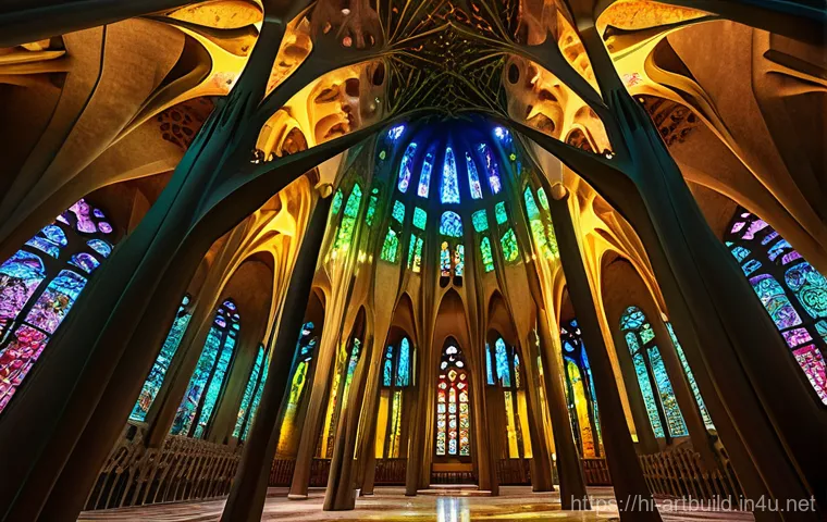 가우디 건축 작품 탐방 - **A majestic interior view of the Sagrada Familia, bathed in ethereal light.** Towering, tree-like c...