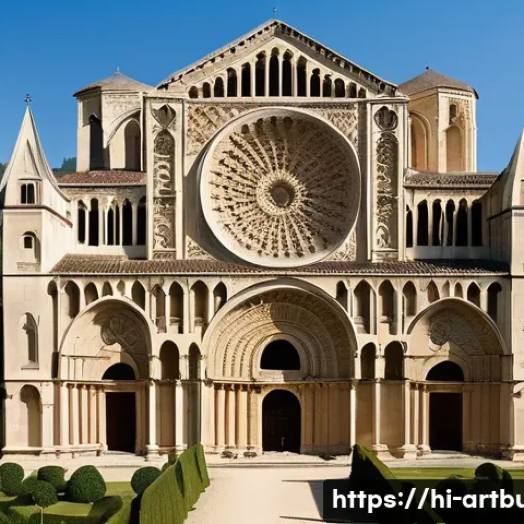 로마네스크 건축 양식 비교 - **Majestic French Romanesque Abbey Exterior:**
    "A majestic and grand exterior view of a French R...