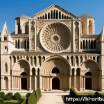 로마네스크 건축 양식 비교 - **Majestic French Romanesque Abbey Exterior:**
    "A majestic and grand exterior view of a French R...