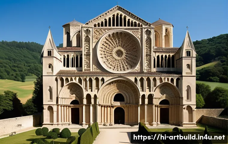 로마네스크 건축 양식 비교 - **Majestic French Romanesque Abbey Exterior:**
    "A majestic and grand exterior view of a French R...