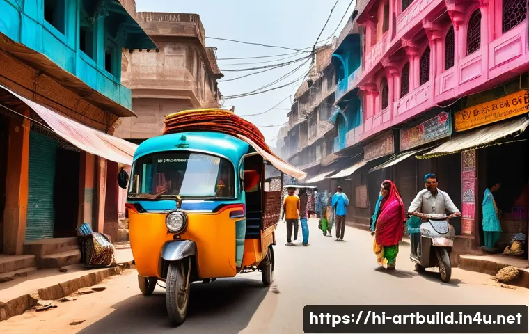 도시와 건축의 사회적 역할 - A vibrant urban street scene in an Indian city blending old and new architecture: narrow alleys with...