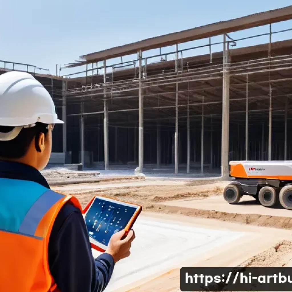 건축용 드론 활용 사례 - A high-tech construction site monitored by multiple drones equipped with high-resolution cameras and...