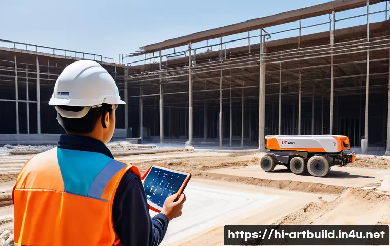 건축용 드론 활용 사례 - A high-tech construction site monitored by multiple drones equipped with high-resolution cameras and...