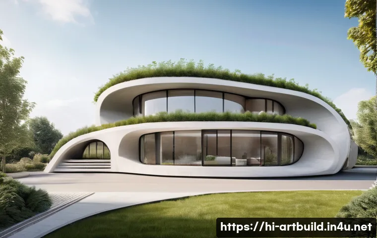3D 프린팅 건축 기술 - A futuristic urban architectural scene showcasing a complex 3D-printed building with intricate, curv...