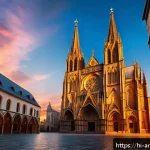 Home 20 고딕 건축 양식과 특징 - A majestic Gothic cathedral exterior at sunset, featuring towering spires that seem to touch the sky...