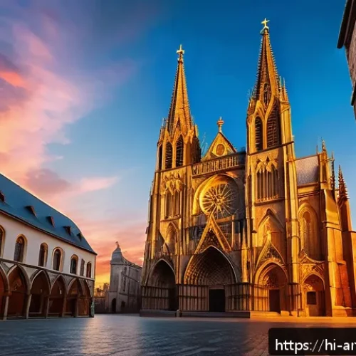 Home 32 고딕 건축 양식과 특징 - A majestic Gothic cathedral exterior at sunset, featuring towering spires that seem to touch the sky...