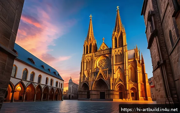 고딕 건축 양식과 특징 - A majestic Gothic cathedral exterior at sunset, featuring towering spires that seem to touch the sky...