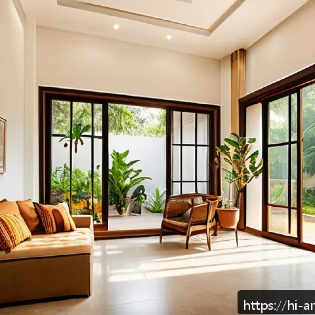 제로에너지 하우스 설계 - A modern Indian home interior bathed in abundant natural sunlight streaming through large double-gla...