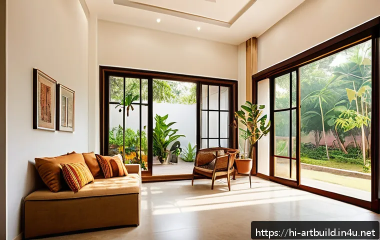 제로에너지 하우스 설계 - A modern Indian home interior bathed in abundant natural sunlight streaming through large double-gla...