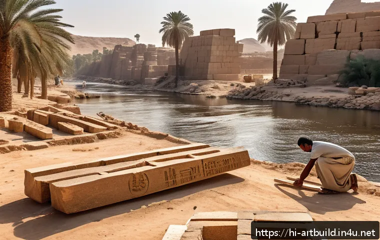 고대 이집트 건축 기술 - A detailed scene of ancient Egyptian architects and skilled laborers working together to cut and tra...