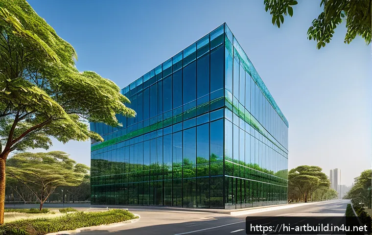유리 건축의 가능성과 한계 - A futuristic smart building in an Indian urban setting featuring large glass facades made from therm...